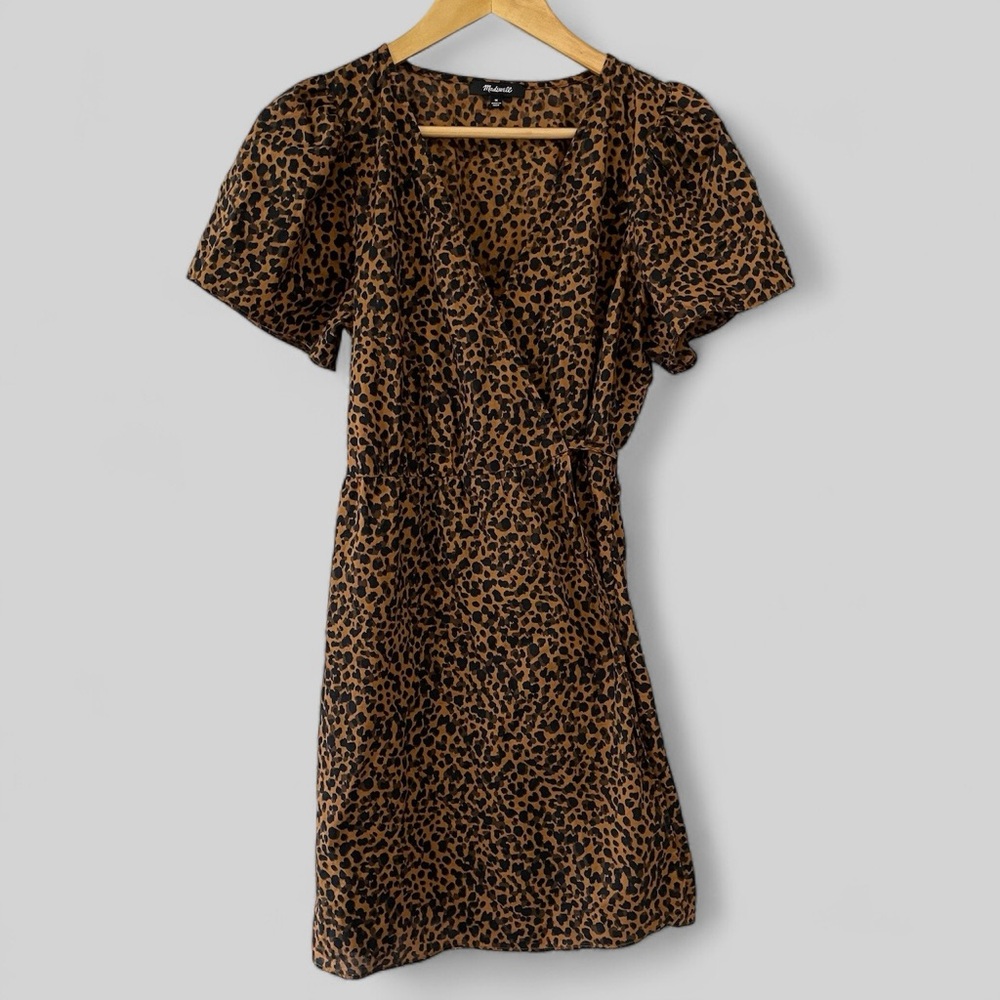 Madewell Womens Flutter Sleeve Wrap Mini Dress Size Medium Leopard Print - Picture 2 of 8